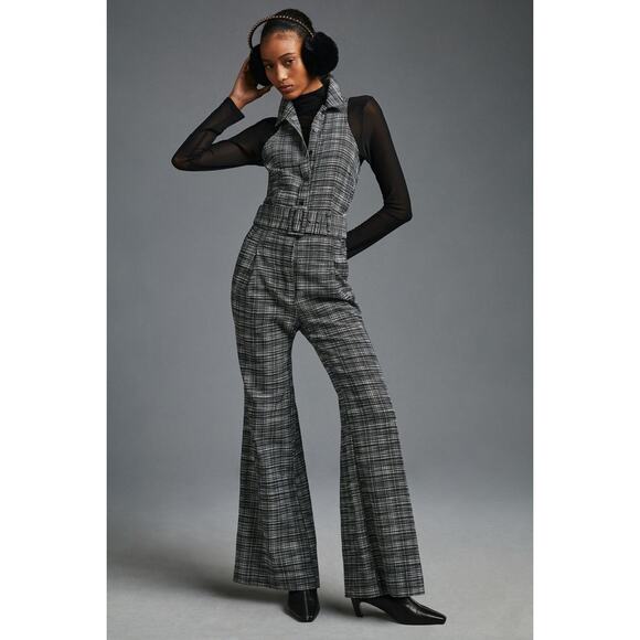 NWT ANTHROPOLOGIE Maeve Sleeveless Plaid Jumpsuit BELTED $188 SIZE 4 B & W - Picture 1 of 5